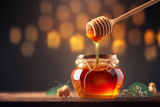 Beautiful close up jar of fresh liquid honey with deeper on the table. Dark blurred background with bokeh and place for text. AI generative image.