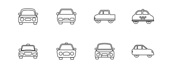 Car icons set. The car from different sides. Side view, back, front, bottom, inside. icon collection. Line with editable stroke