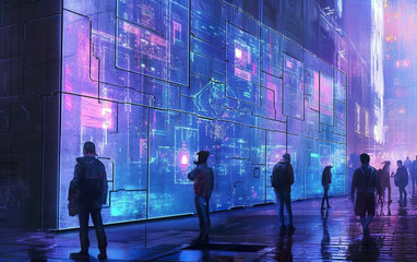 Illustration of a futuristic city at night with information walls. A sci-fi vision of a futuristic neon city. A cyberpunk neon city illuminated with vivid blue, purple and red lights. AI generated.