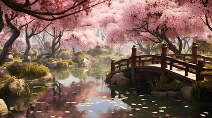 Serene garden scene with blooming cherry blossoms, tranquil ponds, and a sense of harmony and balance