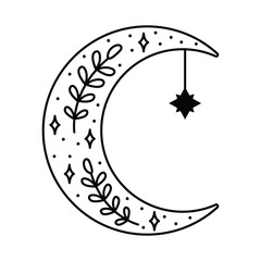 Bohemian crescent with stars and leaves vector icon design. Boho flat icon.