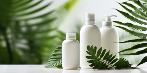 AI Generated. AI Generative. Beauty spa health care cosmetic spa bottles mockup with green eco leaf plant. Graphic Art