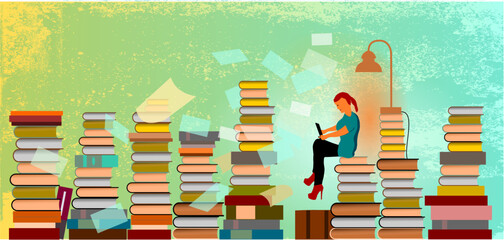Vector Cartoon Style - Junge Frau mit Laptop und Bücherstapeln - Schreiben, lernen, lesen - obrazy, fototapety, plakaty
