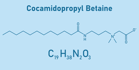 Chemical structure of Cocamidopropyl Betaine (C19H38N2O3). Chemical resources for teachers and students. Vector illustration.