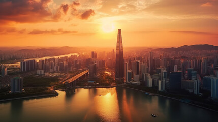 Fototapeta premium Aerial Drone Sunset Scene view of Seoul Downtown Skyline with Han River. Korea. Financial district business center, Skyscraper and high-rise buildings in smart urban city in Asia, ai generate