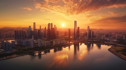 Fototapeta premium Aerial Drone Sunset Scene view of Seoul Downtown Skyline with Han River. Korea. Financial district business center, Skyscraper and high-rise buildings in smart urban city in Asia, ai generate