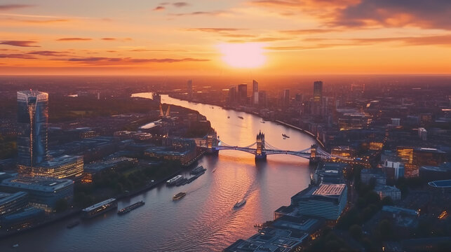 Aerial Drone Sunset Scene view of London Downtown Skyline with Thames River. England. Financial district business center, Skyscraper and high-rise buildings in smart urban city in Europe, ai generate