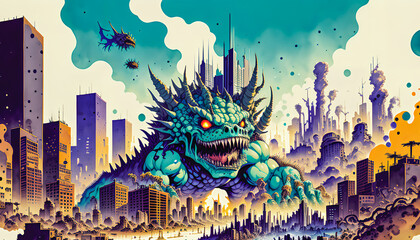 Fototapeta premium A Post-Apocalyptic Cityscape with a Giant Mutated Monster Attacking the Remains of the City, Generative AI.