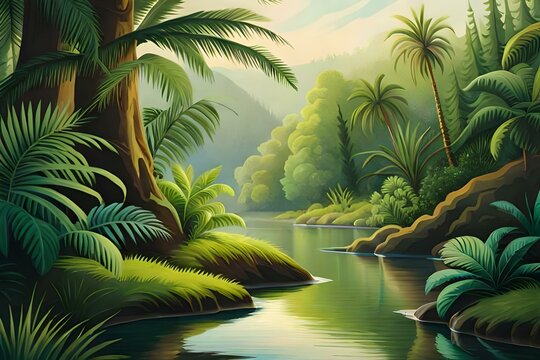 A cartonic or painting illustration of a jungle - AI Generative