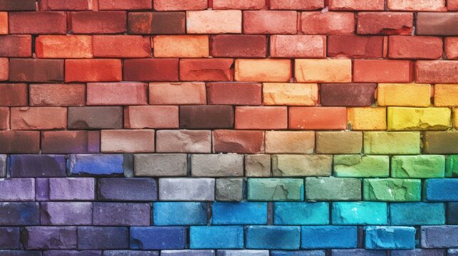 Colorful brick wall. Background with rainbow colors. AI generative image.