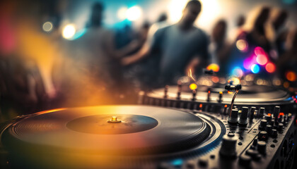 Fototapeta na wymiar Professional dj music mixing turntable console on the foreground and blurred crowd of dancing people on backdrop. Club party event poster horizontal template. AI generative image.