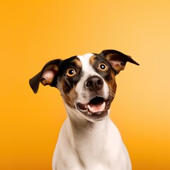 Portrait of a cute dog with open eyes and mouth looking ahead on isolated solid background generative ai
