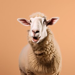 Fototapeta premium Portrait of a sheep with a surprised expression wide open eyes and mouth looking ahead on isolated blue sky background generative ai