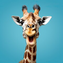 Portrait of a giraffe with a surprised expression wide open eyes and mouth looking ahead on isolated blue sky background generative ai	