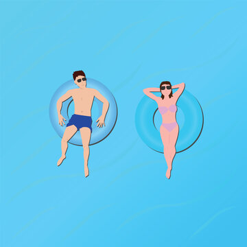 man and woman on floating rings on water, ocean, sea, beach, vacation, pool