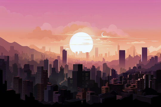 A city skyline that is silhouetted against the sun at dusk