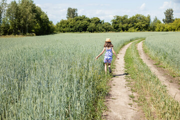 Teenage girl running along a field with wheat, rear view, copy space