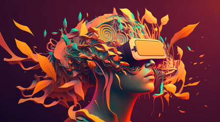 a person in a virtual reality helmet on a fantastic abstract background. The concept of an exciting virtual world