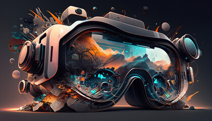 virtual reality helmet on a fantastic abstract world. The concept of an exciting virtual world