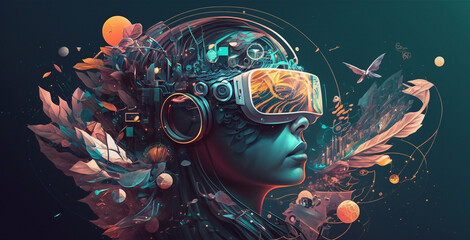 a person in a virtual reality helmet on a fantastic abstract background. The concept of an exciting virtual world