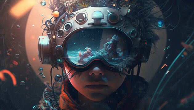 a chaild in a virtual reality helmet on a fantastic abstract world. The concept of an exciting virtual world