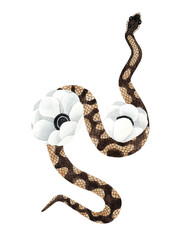 Naklejka premium Watercolor Python Snake with white flowers illustration. Isolated on white background. Spiritual composition