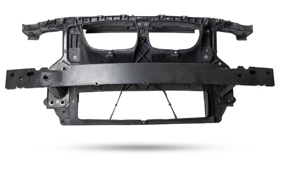 Plastic stiffener reinforcement for the front panel of the car black body spare part of the strengthener of bumper. Equipment for sale or installation in auto service or garage. Car parts catalog.