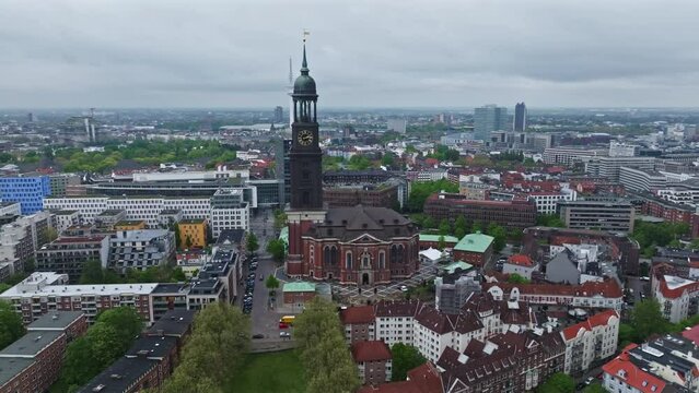 Drone shot of St. Michael's Church ( Hauptkirche St. Michaelis )  Hamburg , Germany . it is a landmark of the city and it is considered to be one of the finest Hanseatic Protestant baroque churches.
