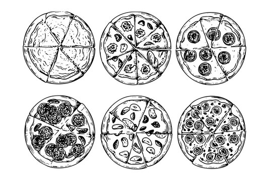 Set of italian pizza sketch hand drawn engraving style Vector illustration pack