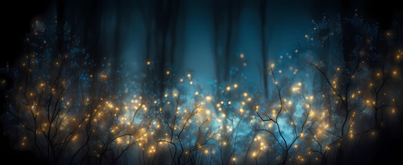 a dark forest at night with yellow lights