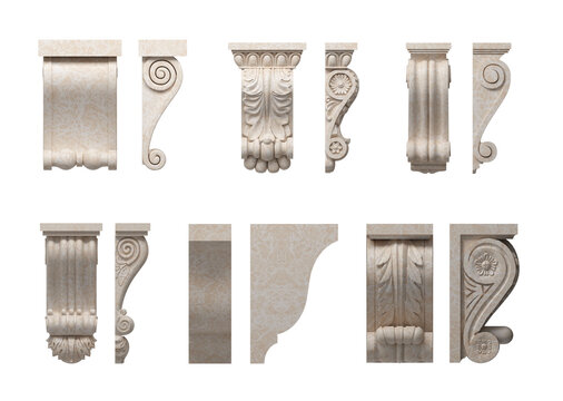 3d illustration. Set of vintage marble classic architectural brackets