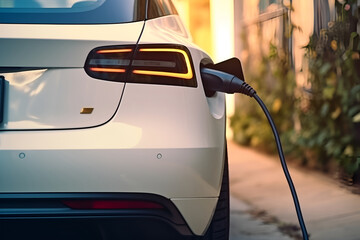 Fototapeta premium A white electric car is charging, the back view. AI generated