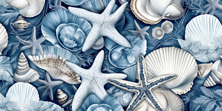 Pattern of seashells and starfish illustration in blue and white colores. AI generated