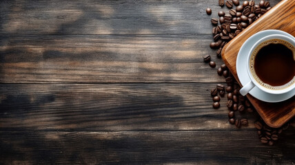 Top view of coffee cup and coffee beans with copy space on wooden table.by Generative AI.