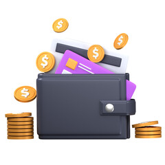 3d wallet icon with credit card and coin money, 3d render illustration
