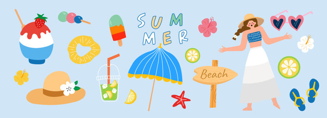 summer collection illustration. Banner, vector, coconut tree, human, umbrella, beach wood sign, sunglasses, starfish, bingsu, ice cream, lemon and lemon juice