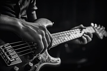a photo of a hand on a bass playing, in the style of monochrome toning Generative AI