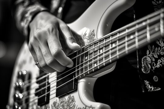 black and white image of a bassist's hand Generative AI