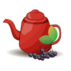Red teapot in cartoon style with currant berries