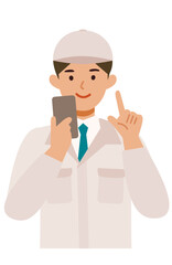 作業服の男性の上半身イラスト　スマホ