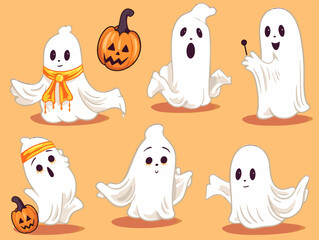 Naklejka premium Funny Cute Halloween Ghost Hollow with Pumpkin in Flowing Forms Collection Set of Vector