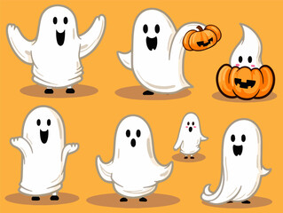 Funny Cute Halloween Ghost Hollow with Pumpkin in Flowing Forms Collection Set of Vector