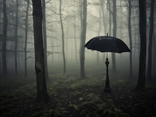 Mysterious Black Umbrella in Misty Forest - AI Generated