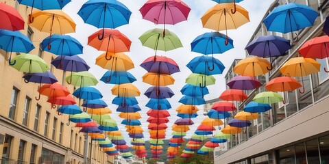 Fototapeta na wymiar Vibrant Umbrellas Street Art Installation - AI Generated