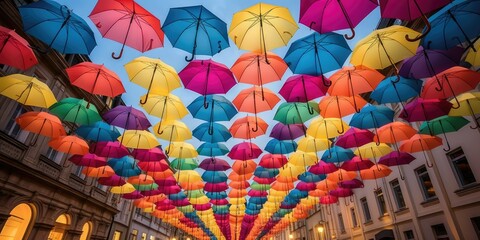 Fototapeta premium Vibrant Umbrellas Street Art Installation - AI Generated