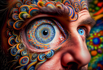 Psychedelic portrait of a human eye - obrazy, fototapety, plakaty