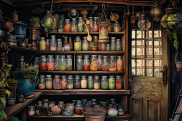 Beautiful old-fashioned larder kitchen store, with lots of bottled produce on shelves. Dark country house interior. Watercolour.