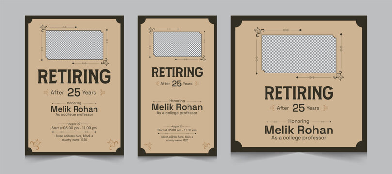 Set of square banner and stories for instagram and facebook, a4 poster for retirement party invitation, vector illustration eps 10