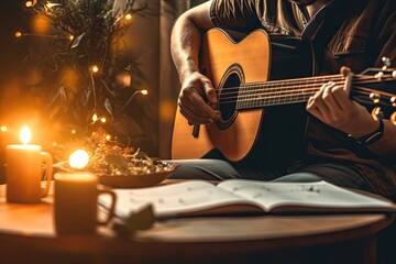 Obraz premium a man is playing an acoustic guitar and writing on a notebook Generative AI
