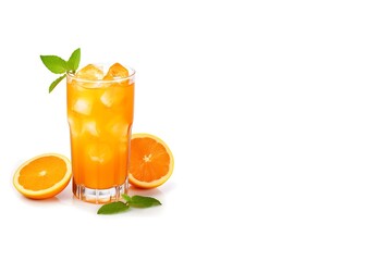 Fototapeta premium Glass of fresh orange juice and orange slices isolated on white background with copy space. Generate AI
